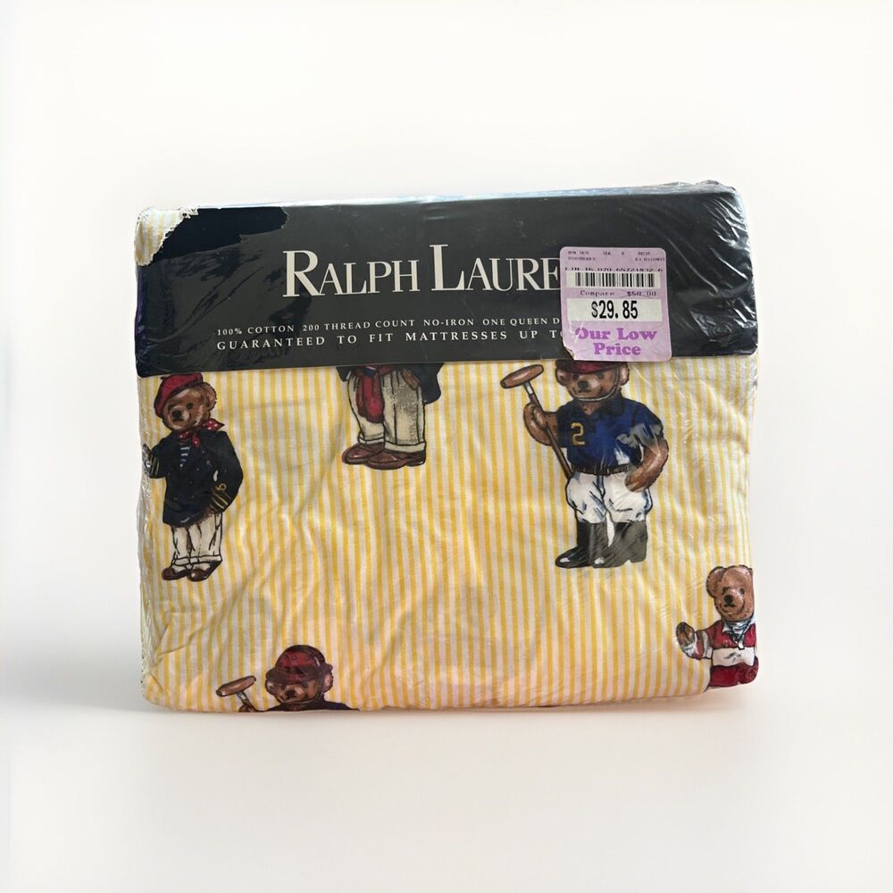 Vintage Ralph Lauren Polo Bear Queen Fitted Sheet Yellow Stripe 90’s Bedding NOS